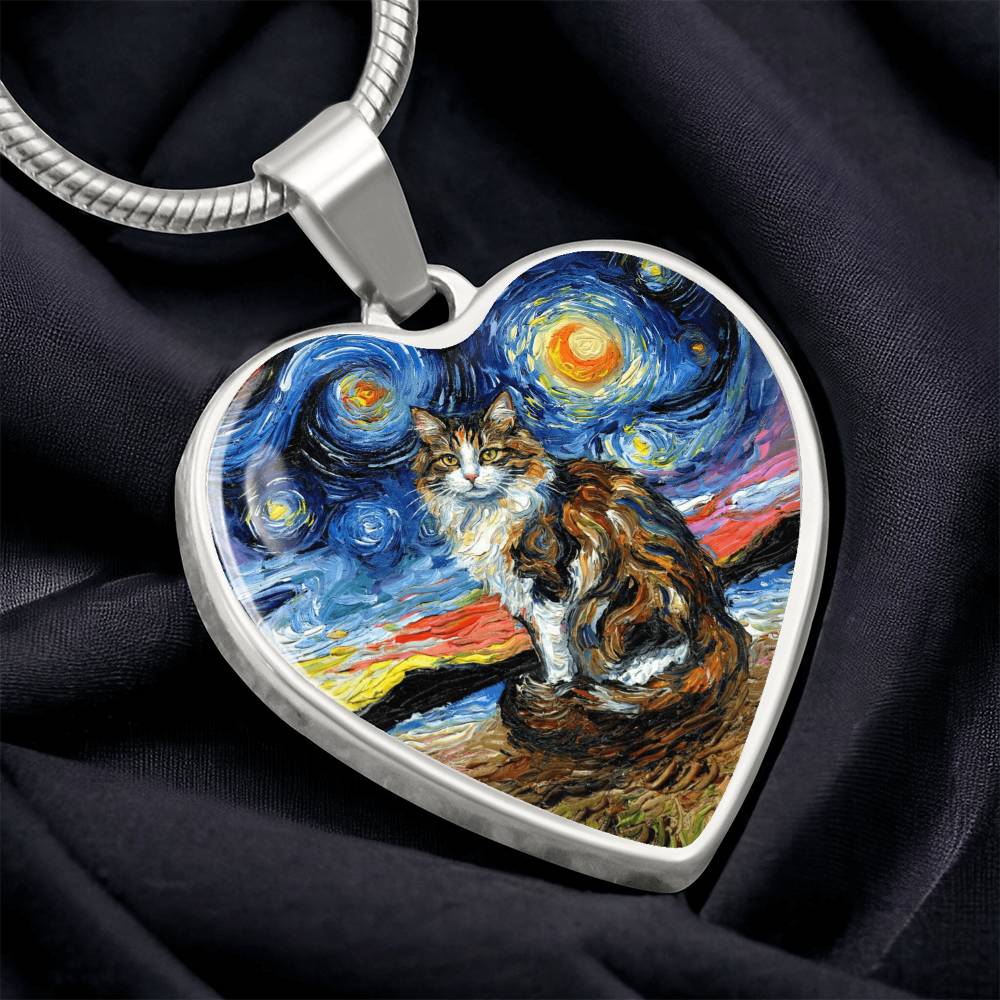 Calico Cat 2 Starry Night Heart Necklace