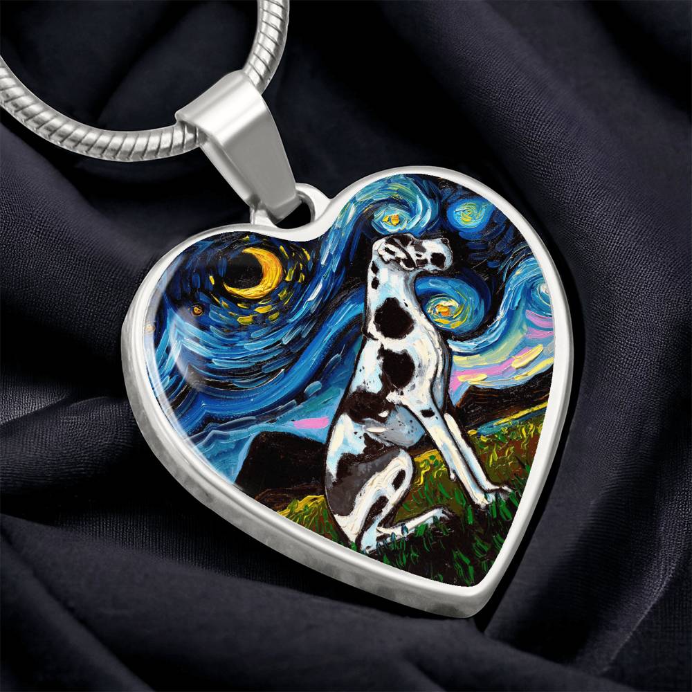 Harlequin Great Dane Starry Night Heart Necklace