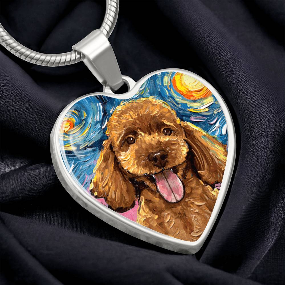 Apricot Poodle Portrait Starry Night Heart Necklace