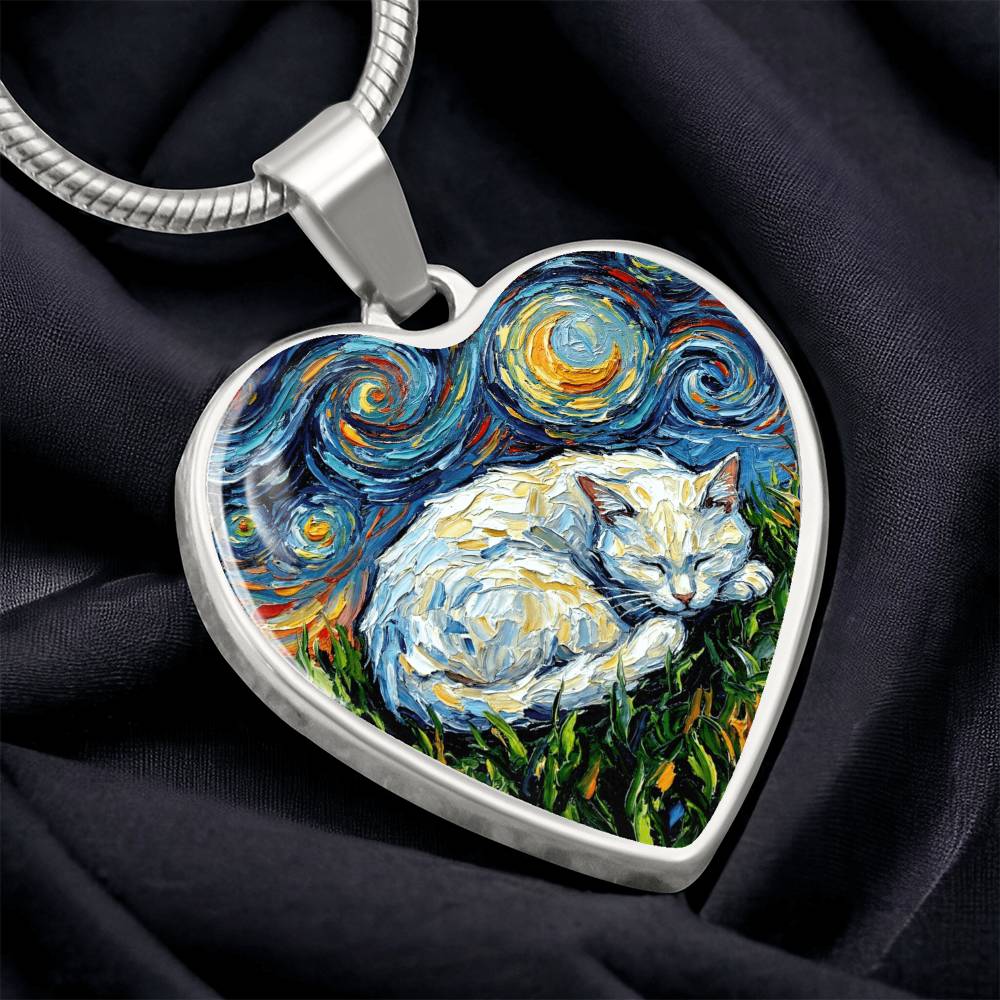 Sleepy White Cat Night Heart Necklace