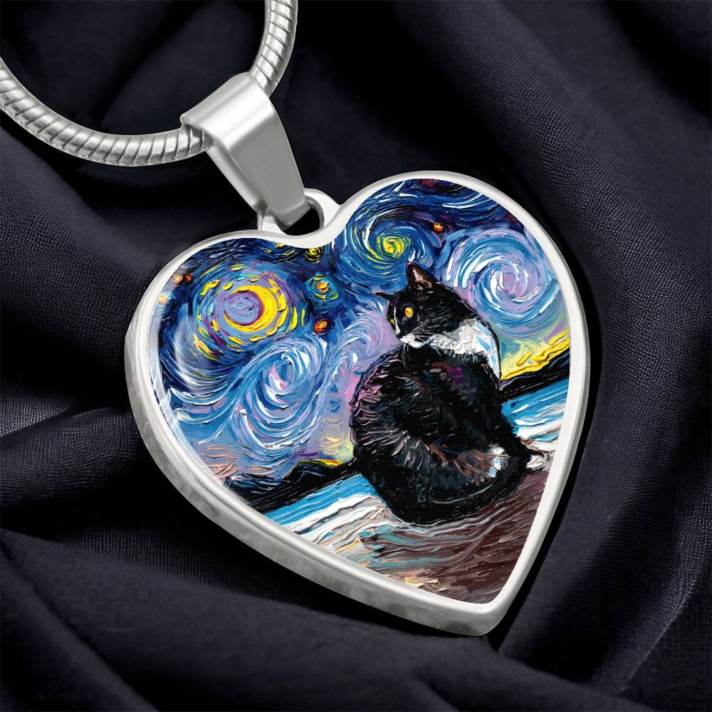 Tuxedo Cat with Yellow Eyes Starry Night Heart Necklace