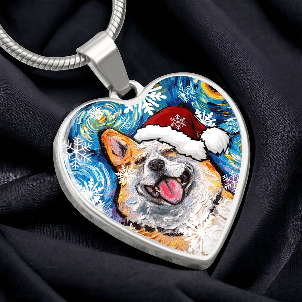 Smiling Corgi Christmas Heart Necklace