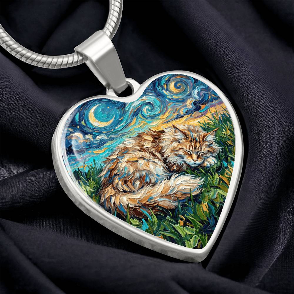 Sleepy Maine Coon Night Heart Necklace