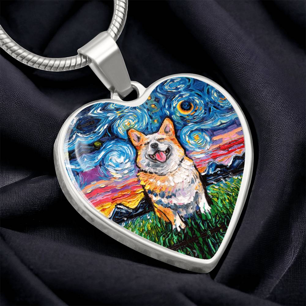 Smiling Corgi Starry Night Heart Necklace
