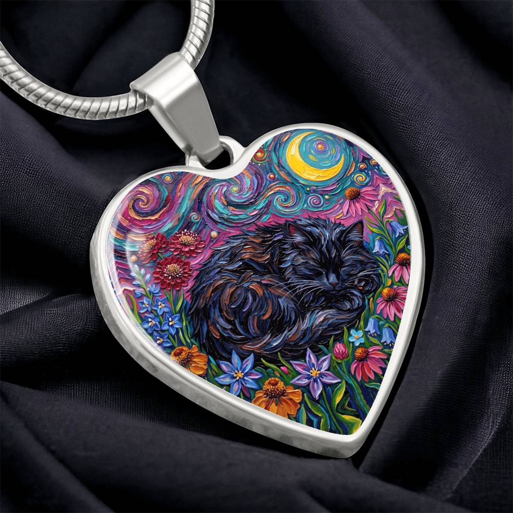 Amongst The Flowers - Sleepy Black Cat Heart Necklace