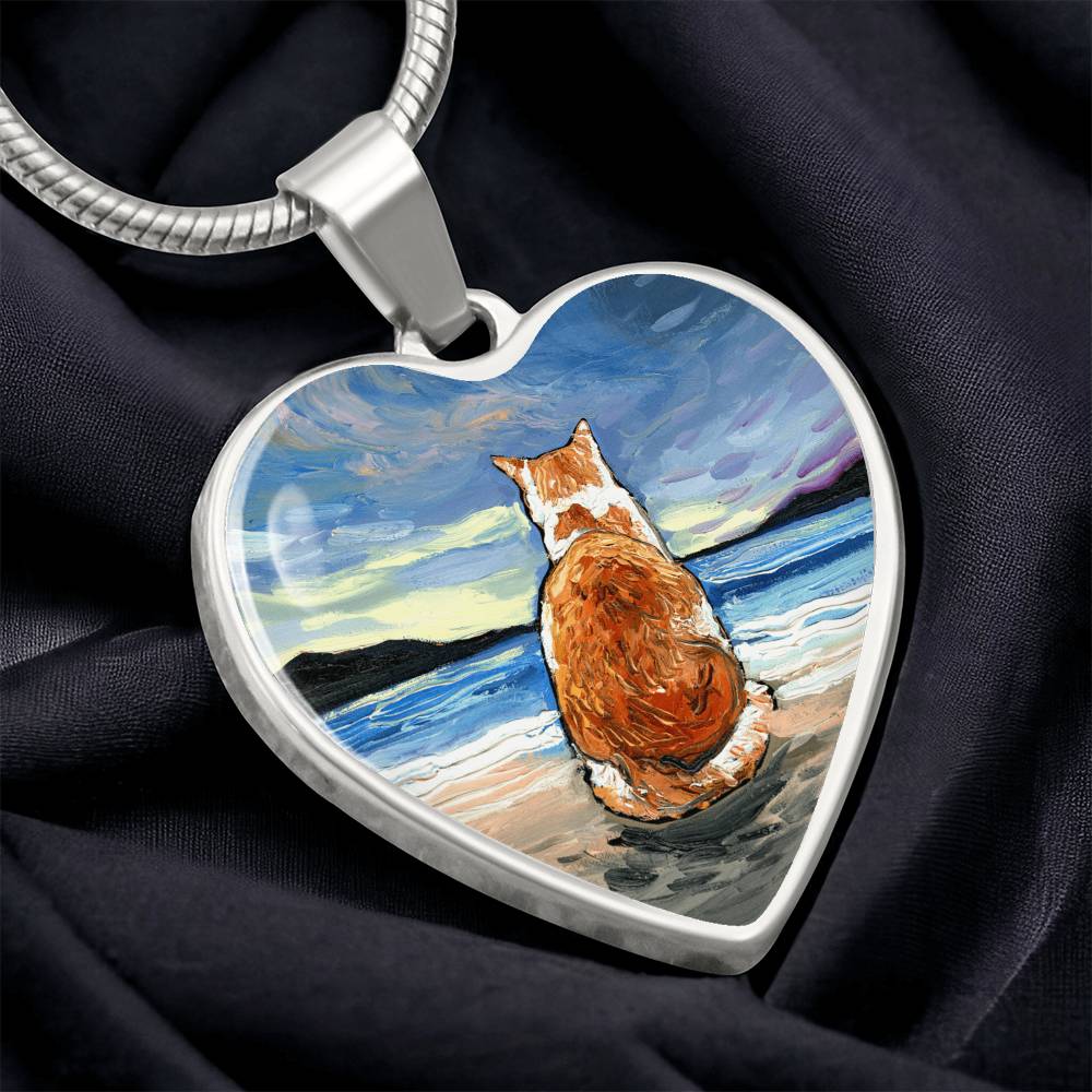 Beach Days - Orange and White Tabby Heart Necklace
