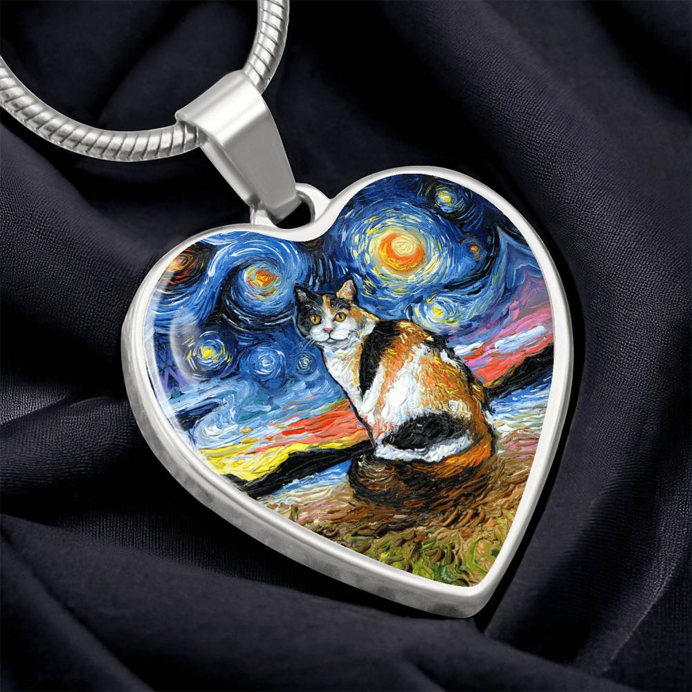 Calico Cat Starry Night Heart Necklace