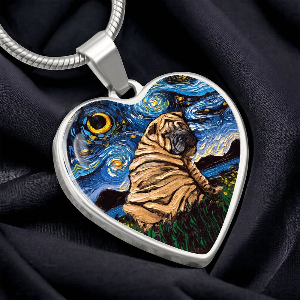 Brown Shar Pei Starry Night Heart Necklace