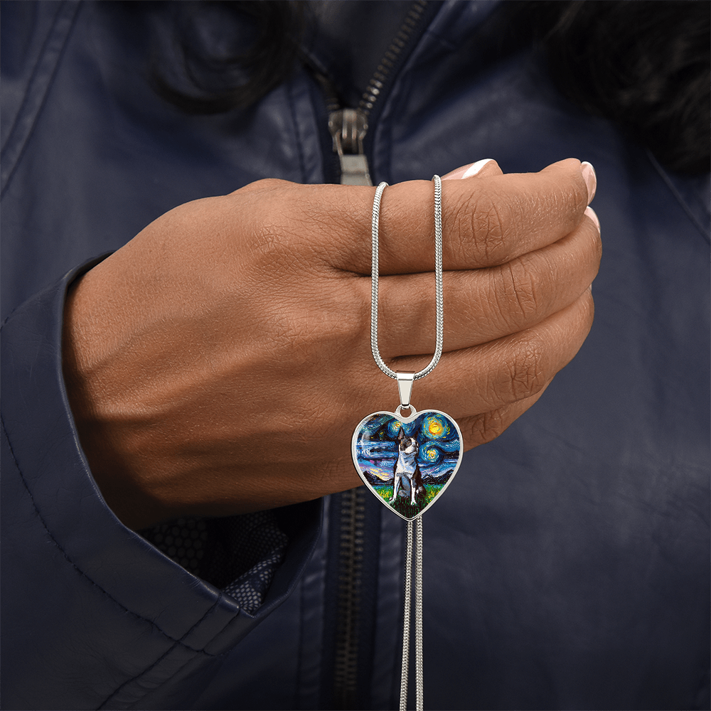 Boston Terrier Starry Night Heart Necklace