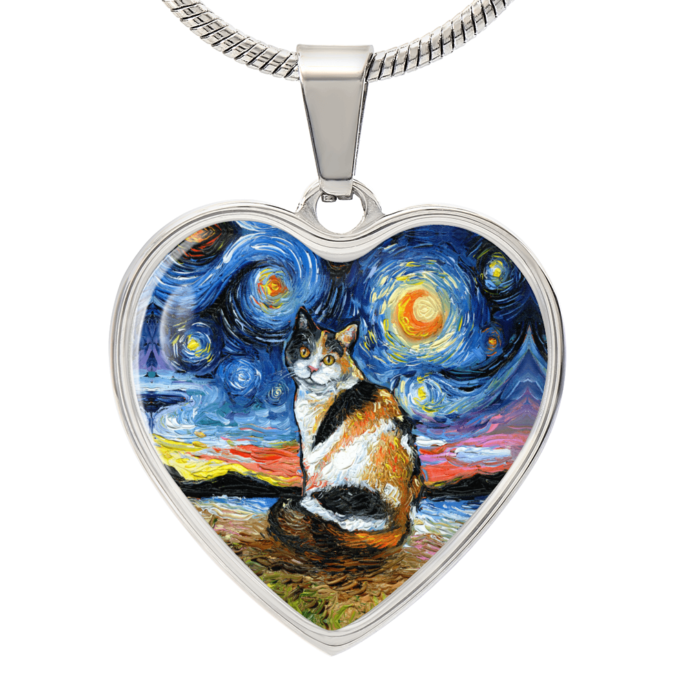 Calico Cat Starry Night Heart Necklace
