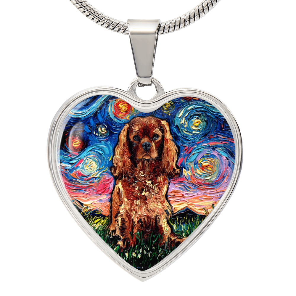 Ruby Cavalier King Charles Spaniel Starry Night Heart Necklace