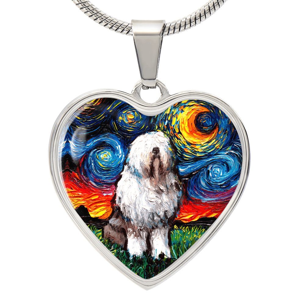 English Sheepdog Starry Night Heart Necklace