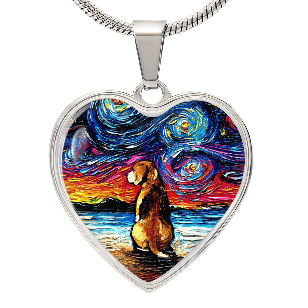 Beagle at the Beach Starry Night Heart Necklace