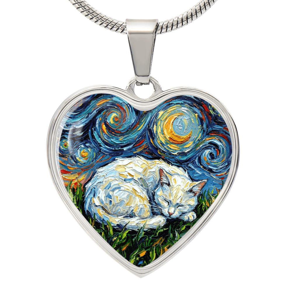 Sleepy White Cat Night Heart Necklace