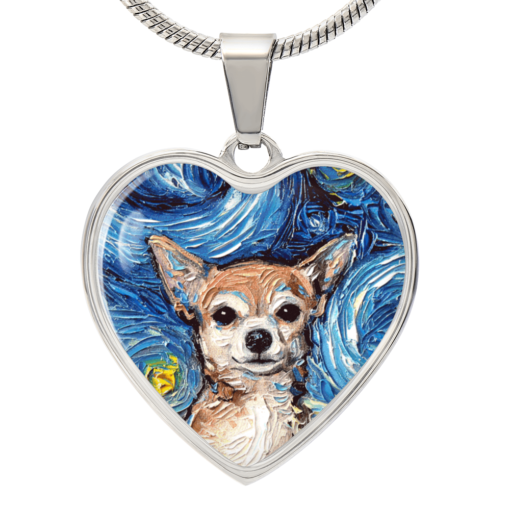 Chihuahua Portrait Starry Night Heart Necklace