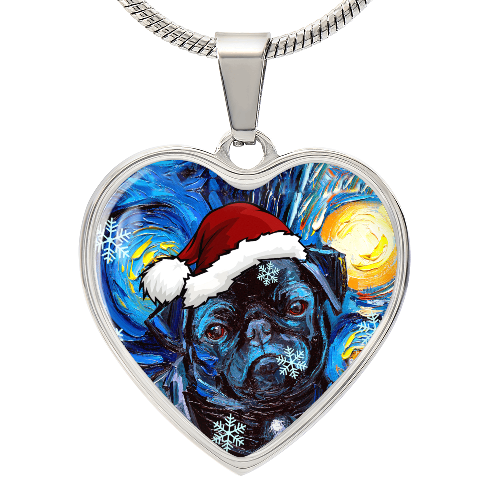 Santa Black Pug Heart Necklace