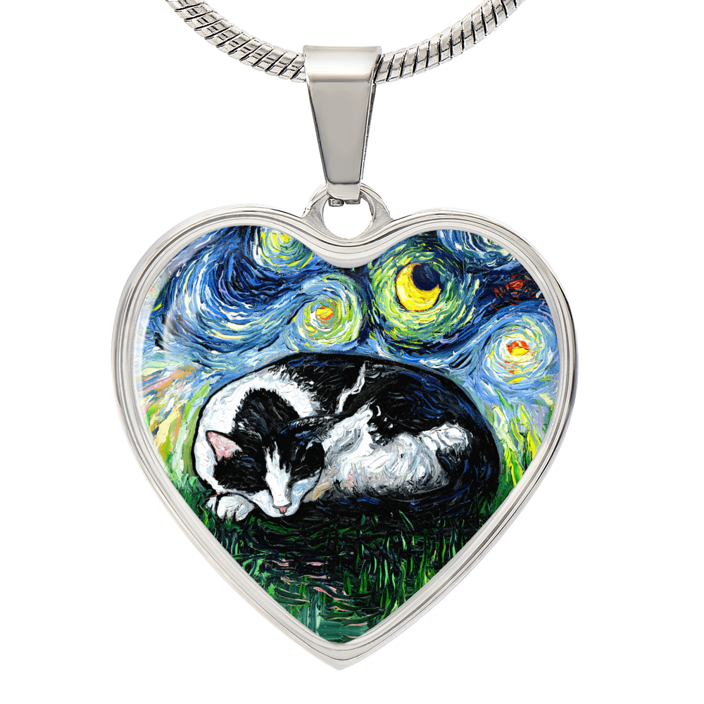 Sleeping Tuxedo Cat Starry Night Heart Necklace