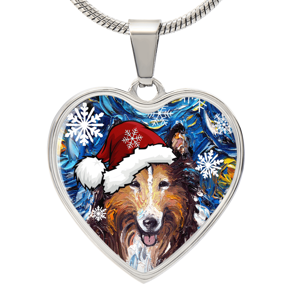 Collie In Santa Hat Starry Night Heart Necklace