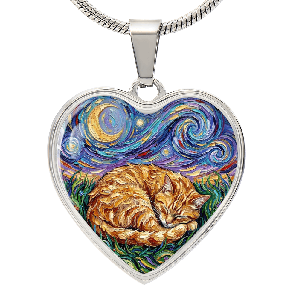 Sleepy Orange Tabby Night Heart Necklace