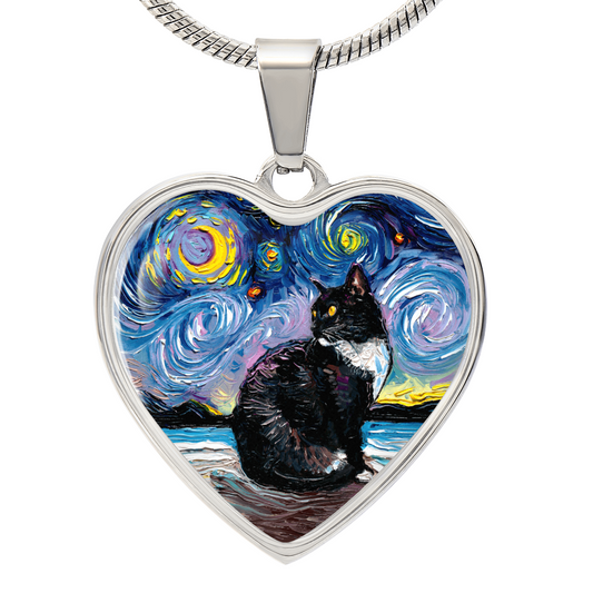 Tuxedo Cat with Yellow Eyes Starry Night Heart Necklace