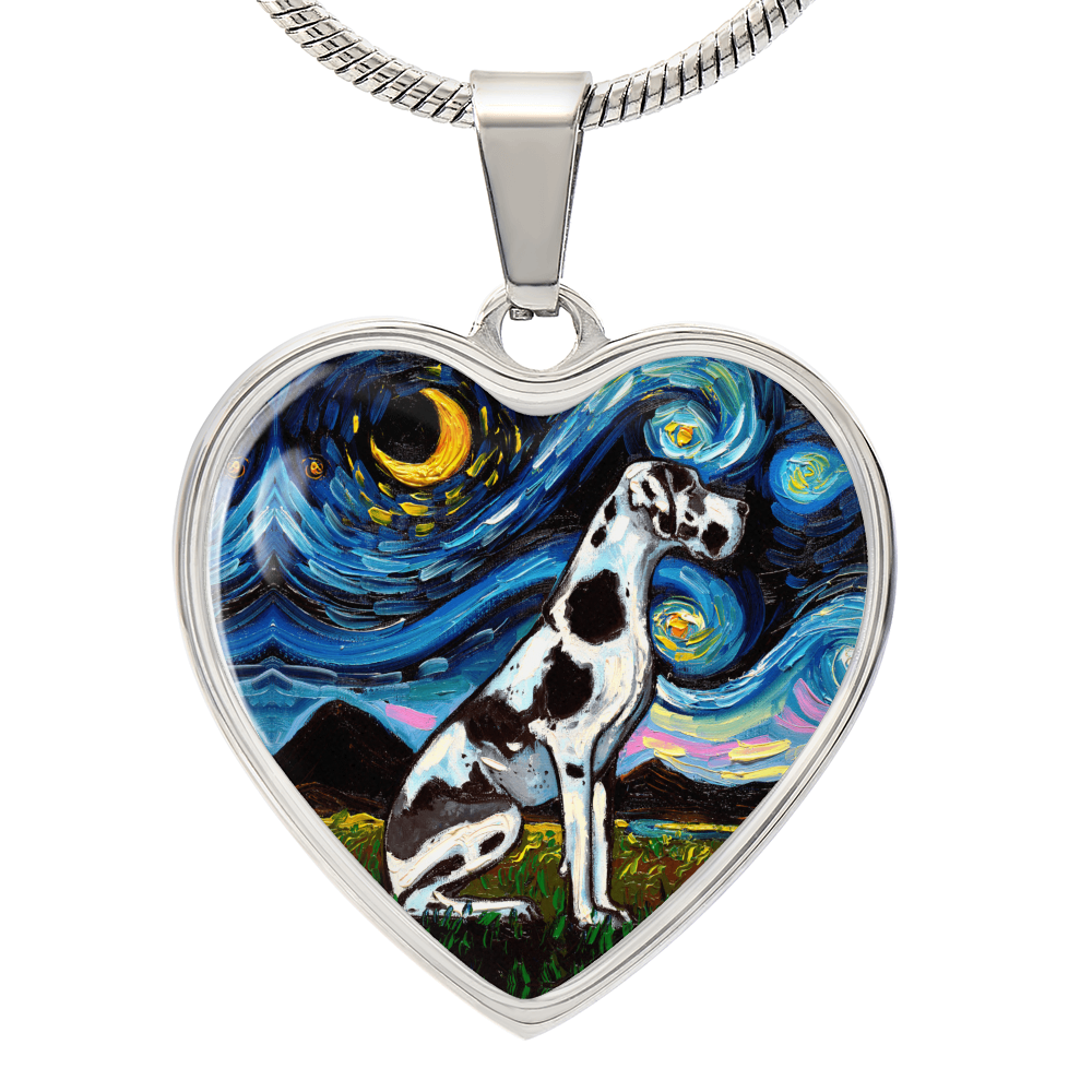 Harlequin Great Dane Starry Night Heart Necklace