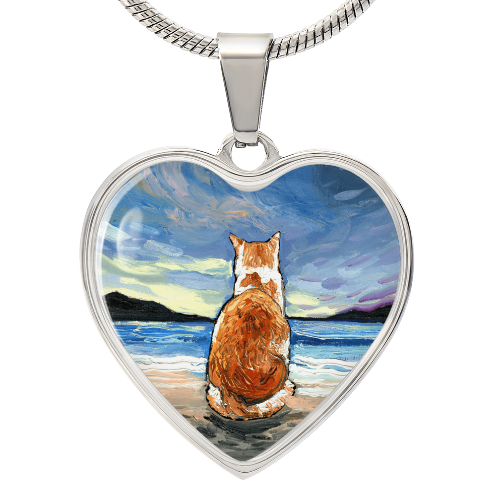 Beach Days - Orange and White Tabby Heart Necklace