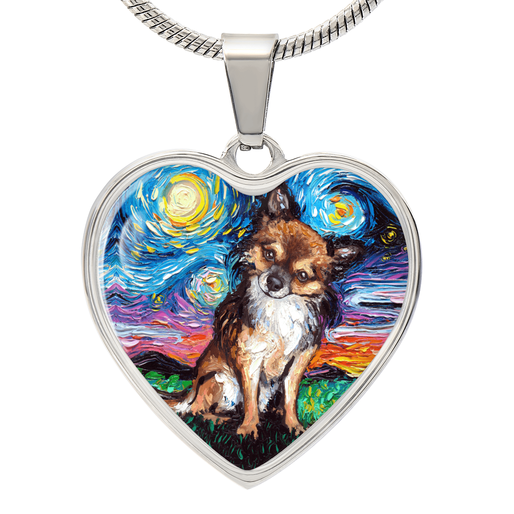 Long Hair Brown Chihuahua Starry Night Heart Necklace