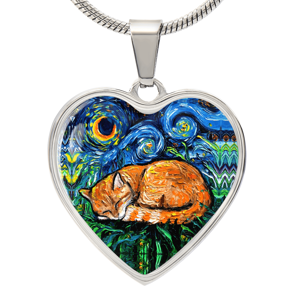 Sleepy Orange Tabby Cat Heart Necklace