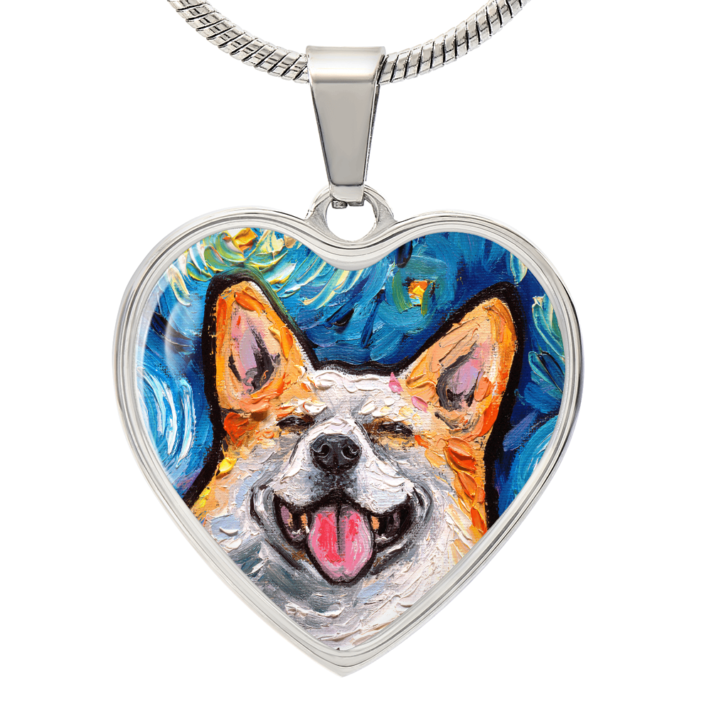 Smiling Corgi Portrait Starry Night Heart Necklace