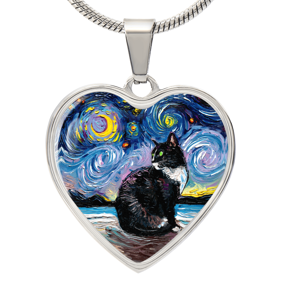 Tuxedo Cat with Yellow Eyes and White up nose Starry Night Heart Necklace