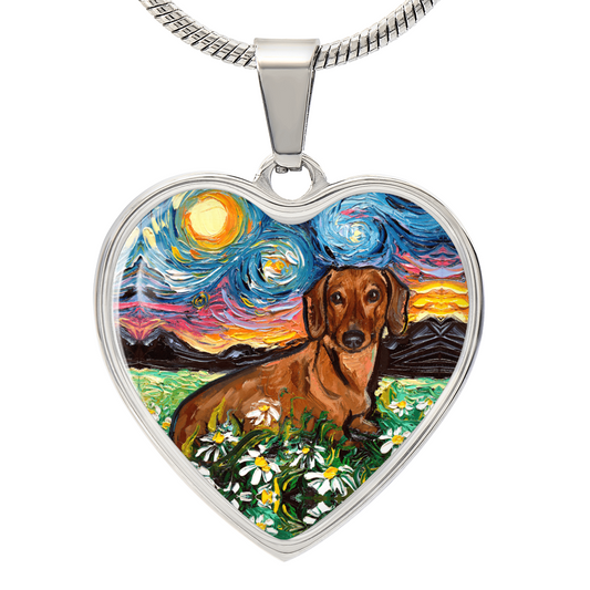 Brown Dachshund with Flowers Starry Night Heart Necklace