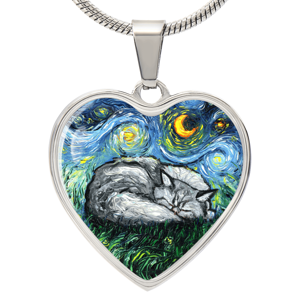 Sleeping Persian Cat Starry Night Heart Necklace