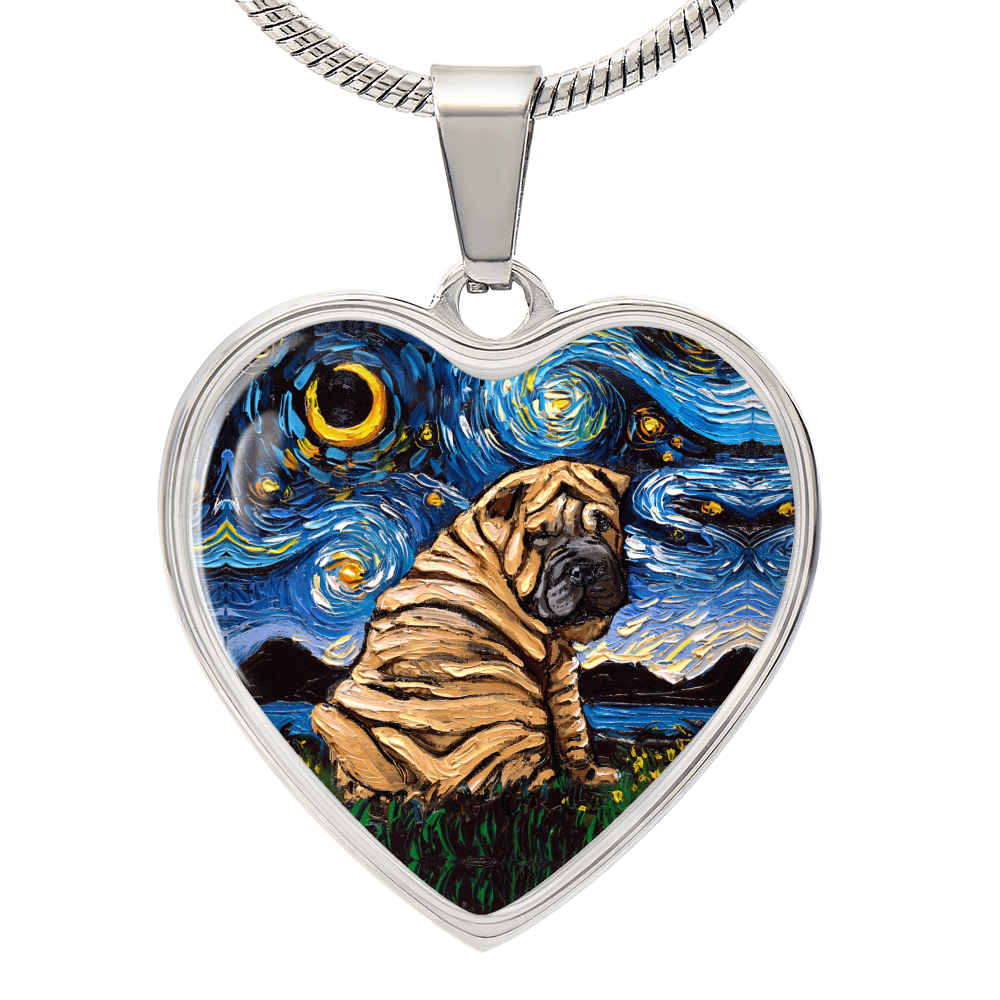 Brown Shar Pei Starry Night Heart Necklace