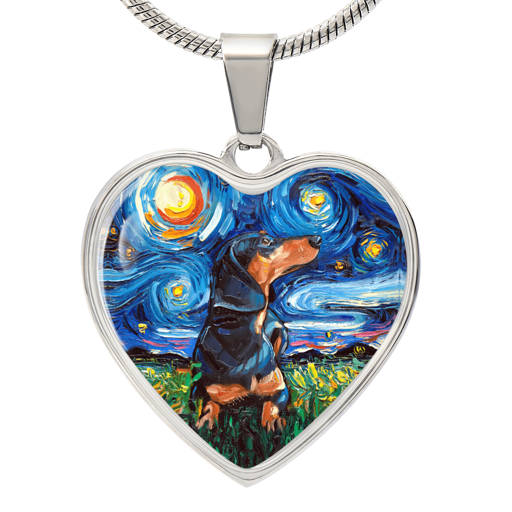 Black and Tan Dachshund Starry Night Heart Necklace