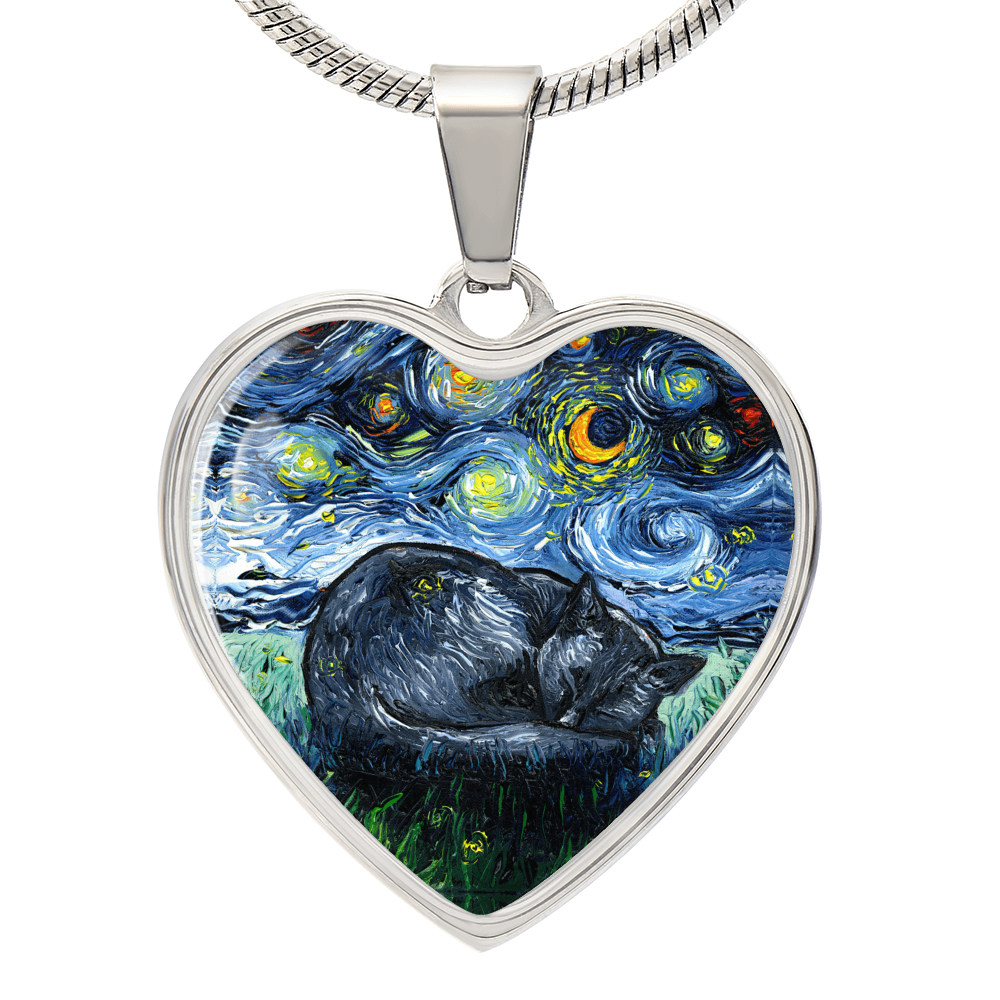 Sleeping Black Cat Starry Night Heart Necklace