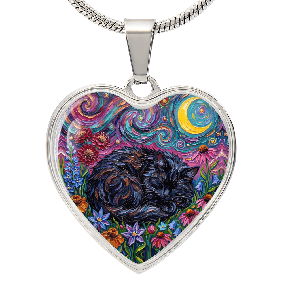 Amongst The Flowers - Sleepy Black Cat Heart Necklace