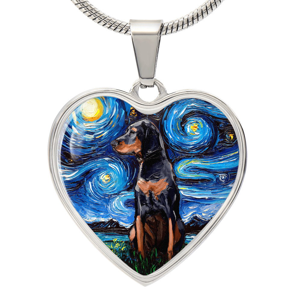 Black and Tan Coonhound Starry Night Heart Necklace