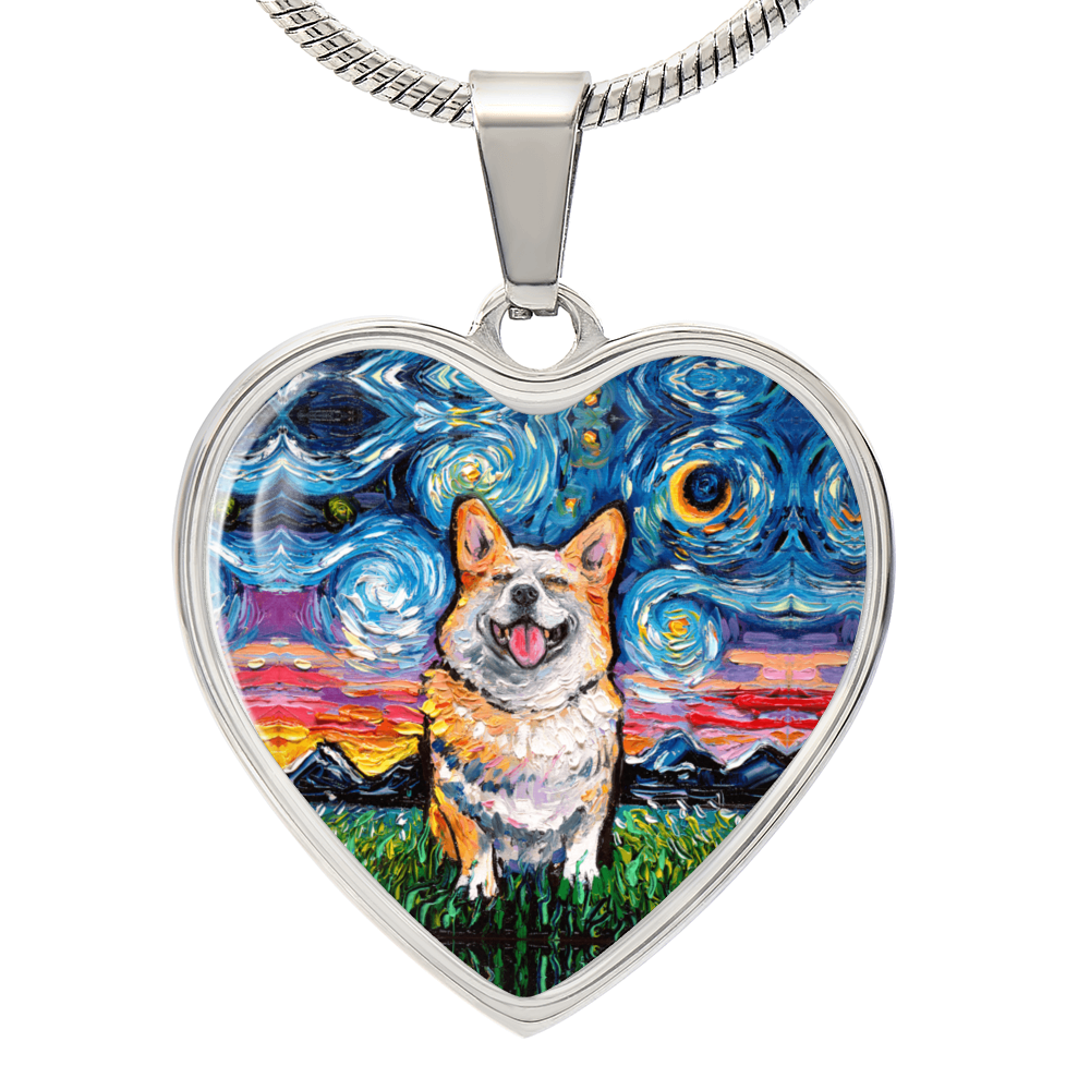 Smiling Corgi Starry Night Heart Necklace