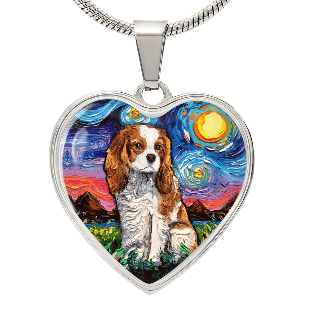 Blenheim Cavalier Spaniel Starry Night Heart Necklace