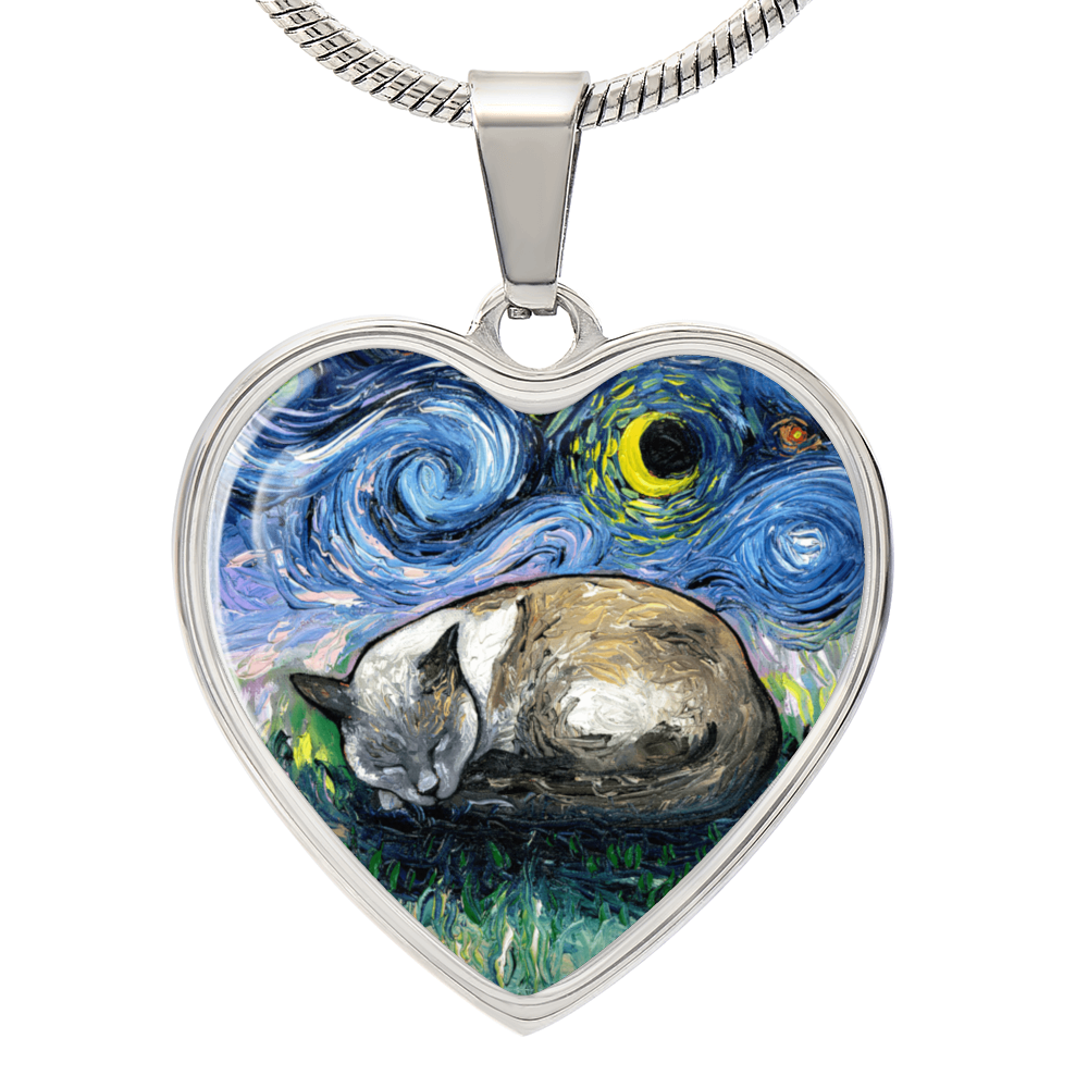 Sleeping Siamese Cat Starry Night Heart Necklace