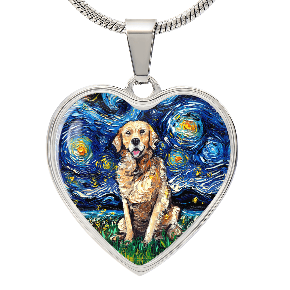 Golden Retriever Starry Night Heart Necklace