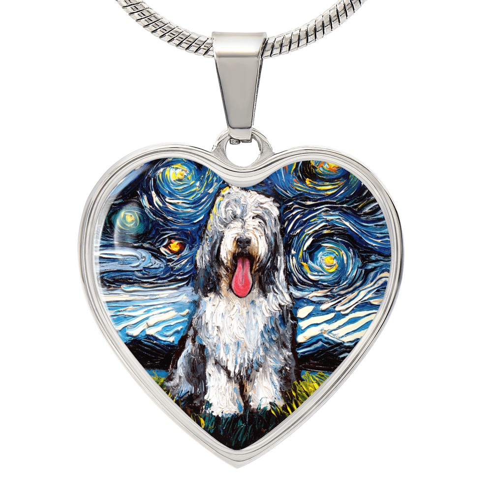 Bearded Collie Starry Night Heart Necklace