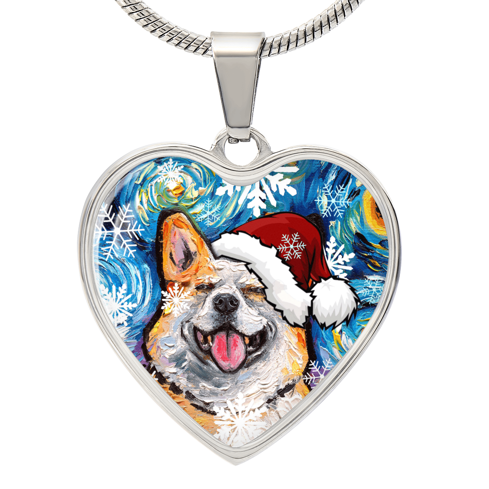 Smiling Corgi Christmas Heart Necklace