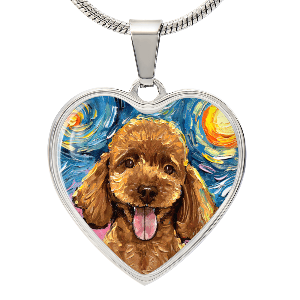 Apricot Poodle Portrait Starry Night Heart Necklace