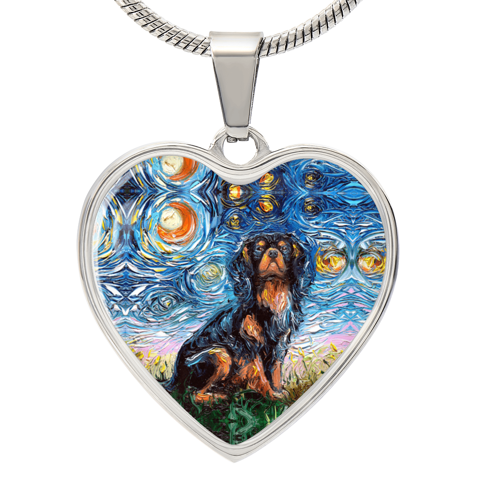 Black and Tan Cavalier Spaniel Starry Night Heart Necklace