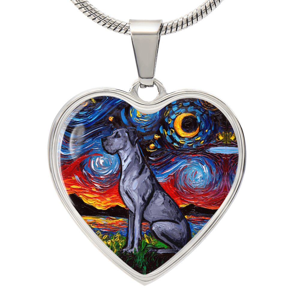 Blue Great Dane Starry Night Heart Necklace