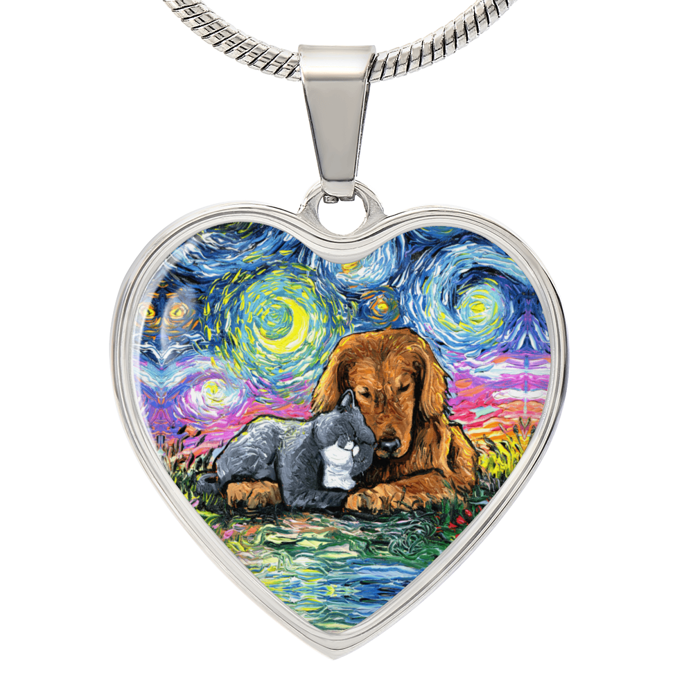 Best Friends Cat and Dog Starry Night Heart Necklace