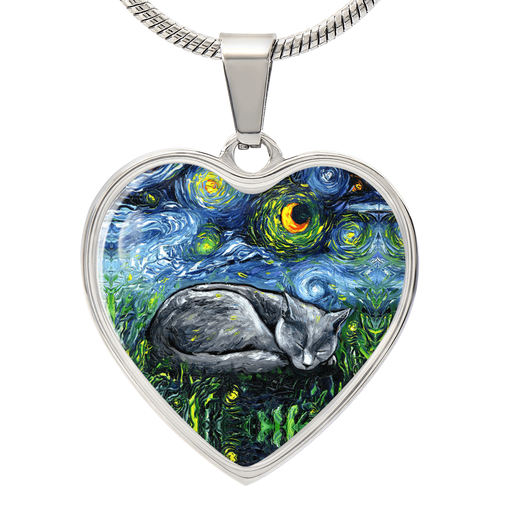 SleepingRussian Blue Cat Starry Night Heart Necklace