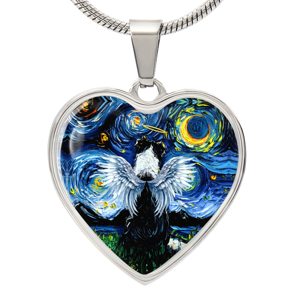 Angel Border Collie Starry Night Heart Necklace