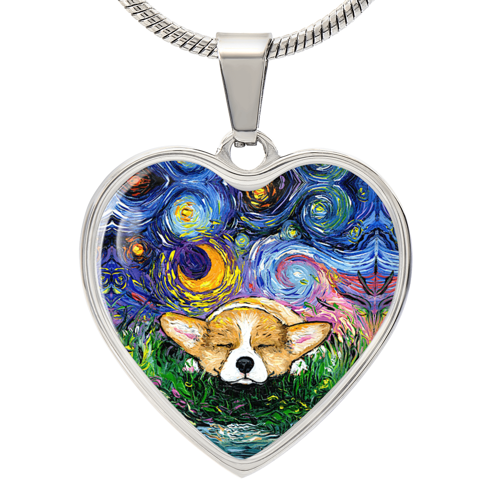 Sleeping Corgi Starry Night Heart Necklace